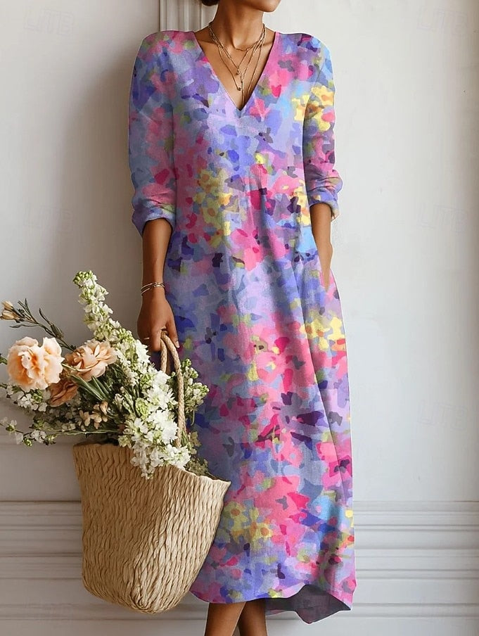 Watercolor Floral Print V-Neck Long Sleeve Pocket Maxi Dress