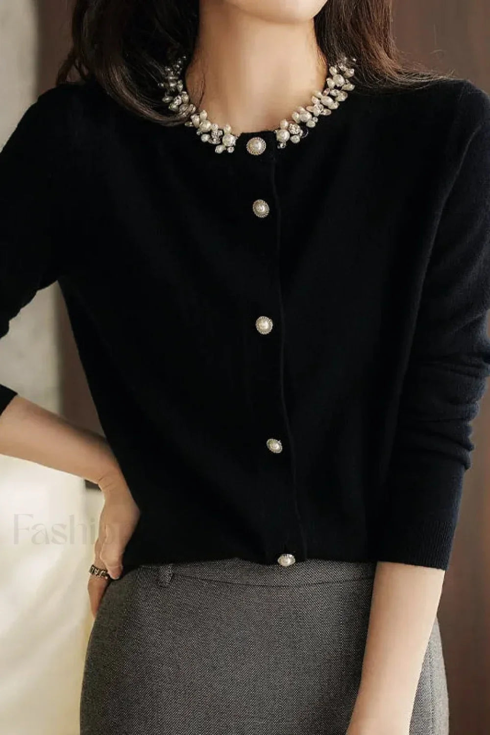 Temperament Style Beaded Splice Knit Cardigan