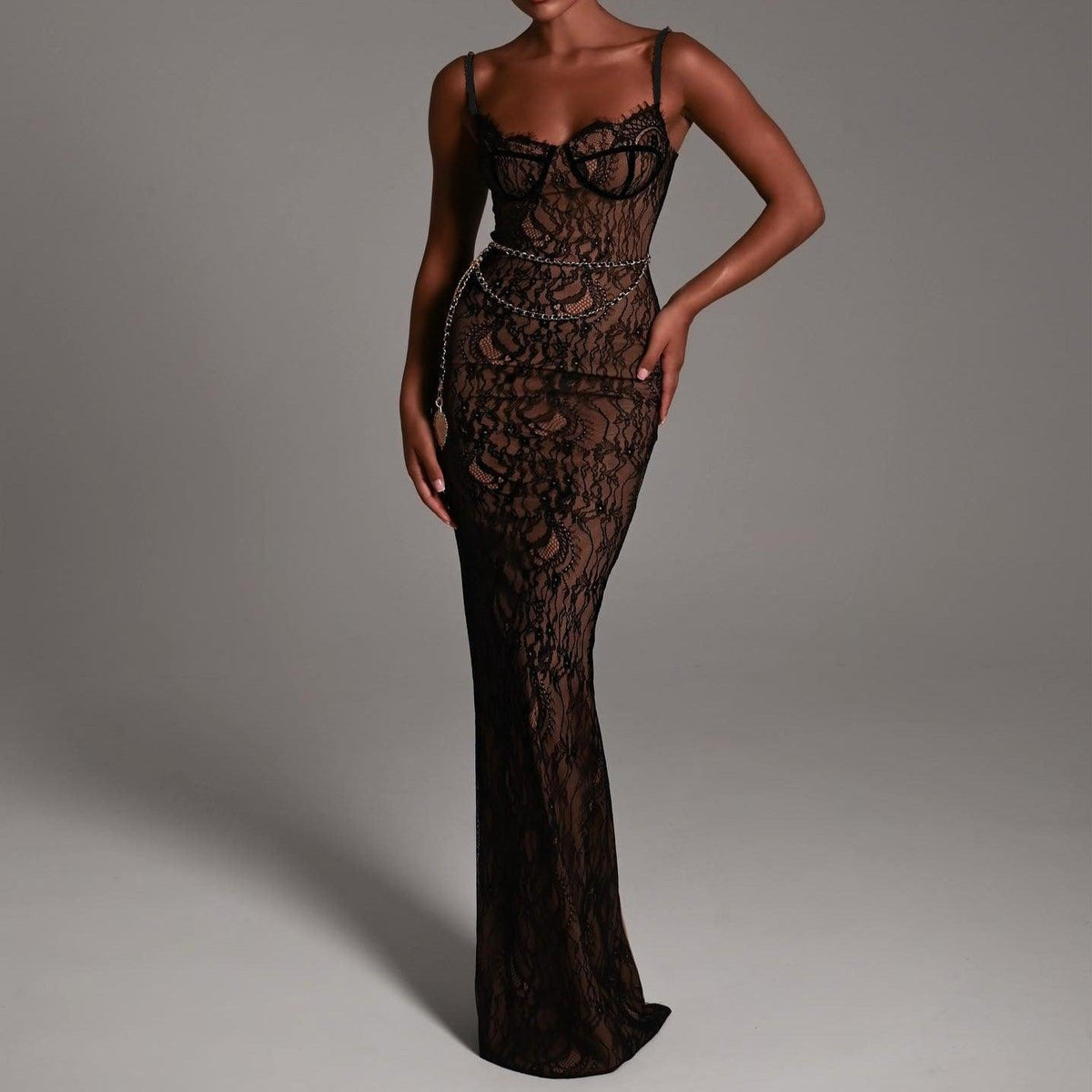 Sheer Lace Underwire Bust Chain Belt Spaghetti Strap Maxi Gown