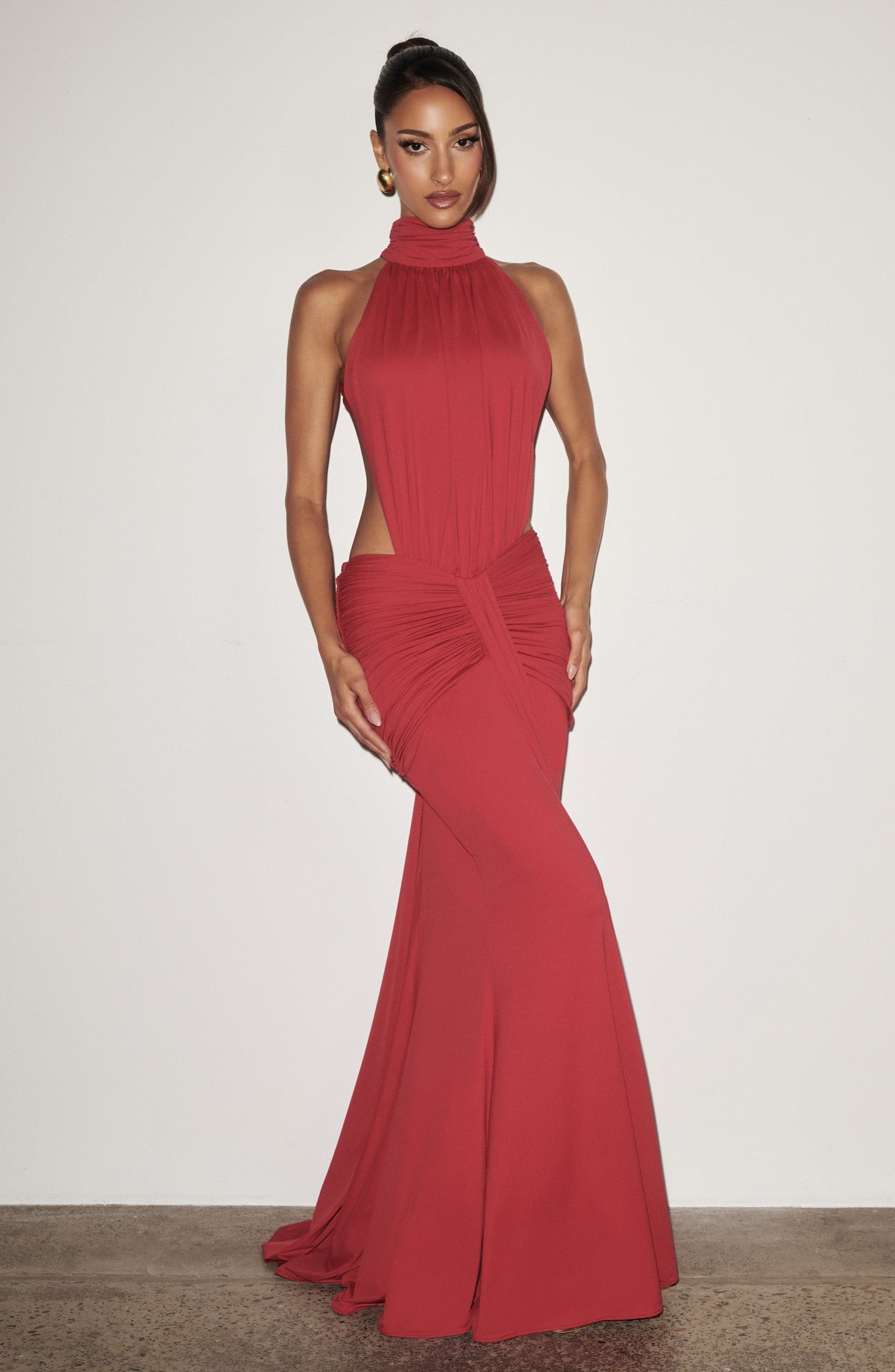 High Neck Halter Side Cut Out Knot Drape Mermaid Maxi Dress 5