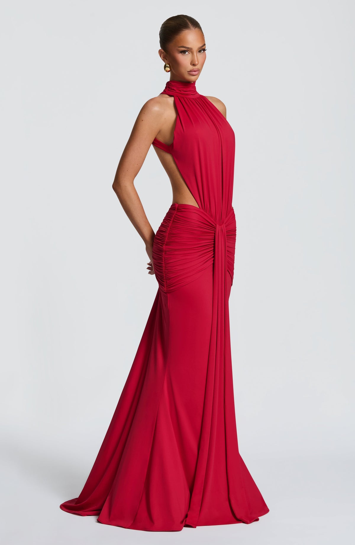 High Neck Halter Side Cut Out Knot Drape Mermaid Maxi Dress 3