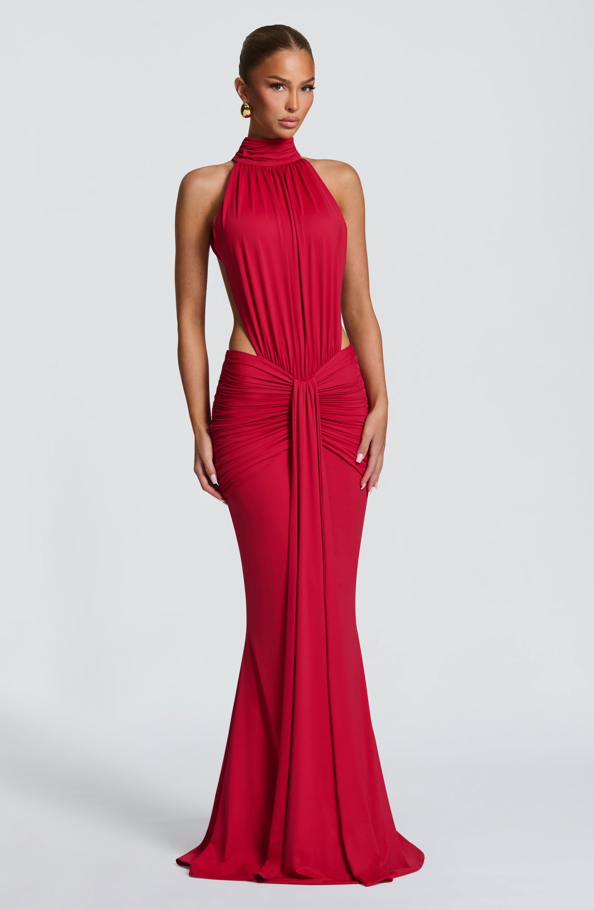 High Neck Halter Side Cut Out Knot Drape Mermaid Maxi Dress 10