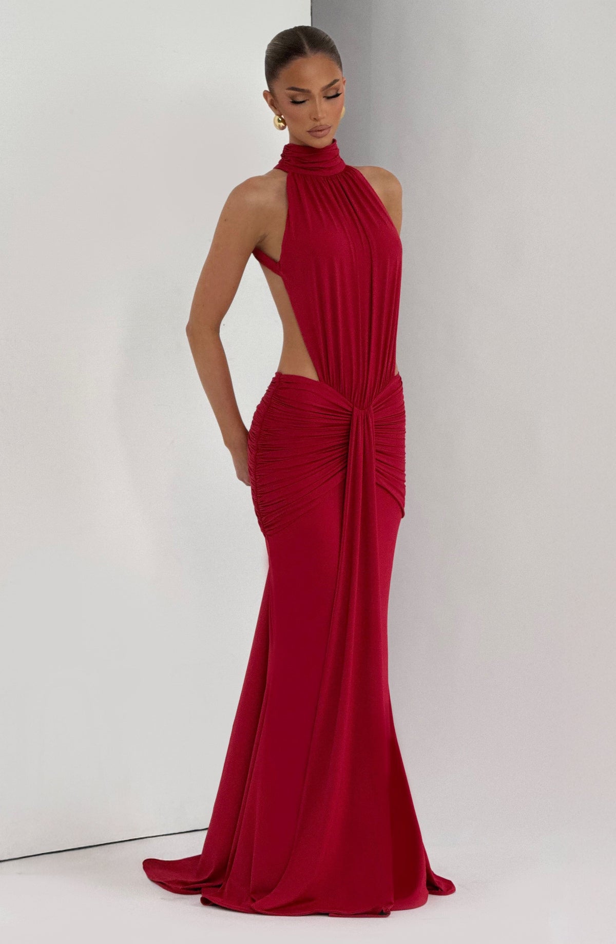 High Neck Halter Side Cut Out Knot Drape Mermaid Maxi Dress 11