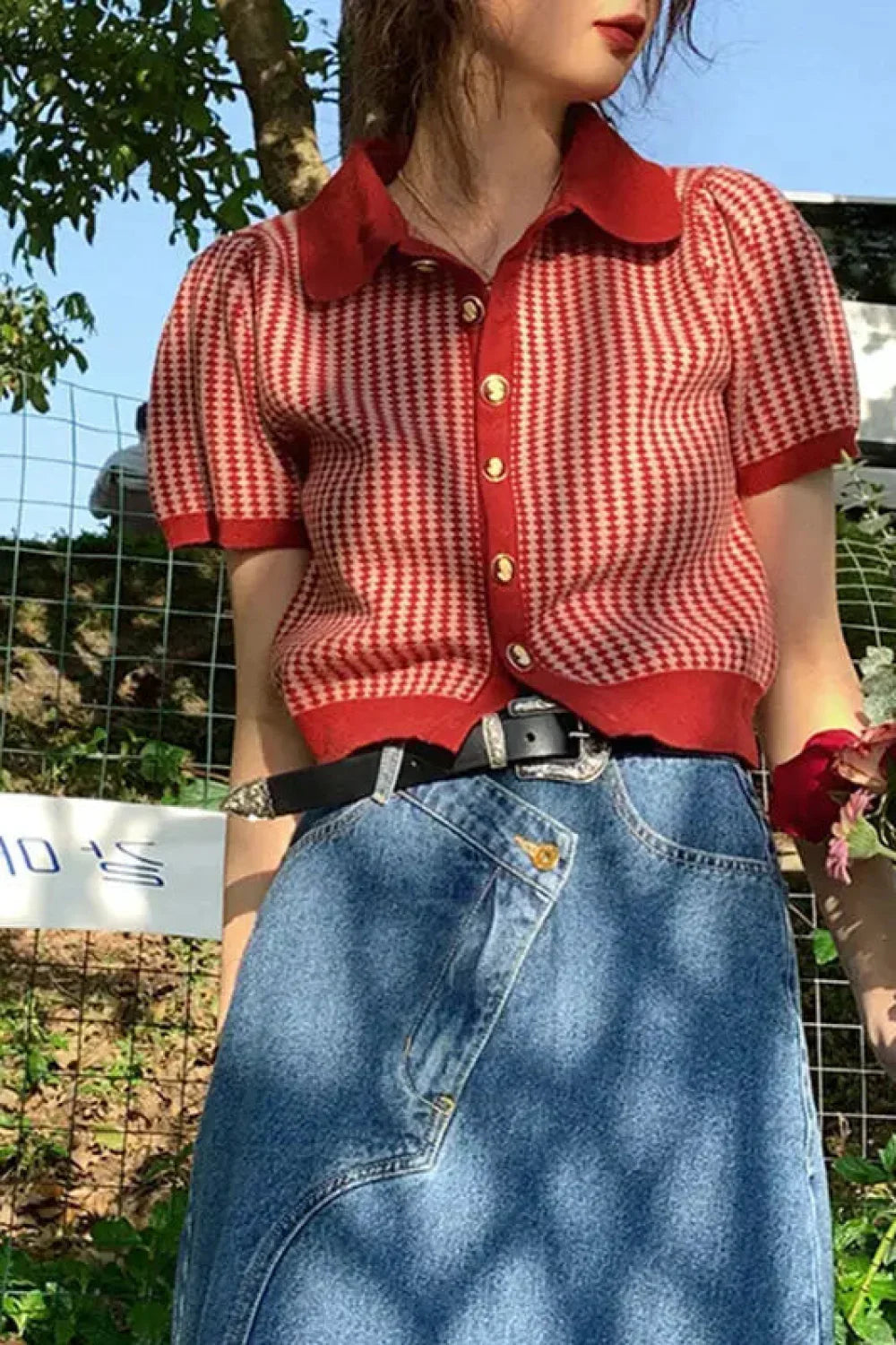 Thin Knit Turn-down Collar Short Sleeve Cardigan