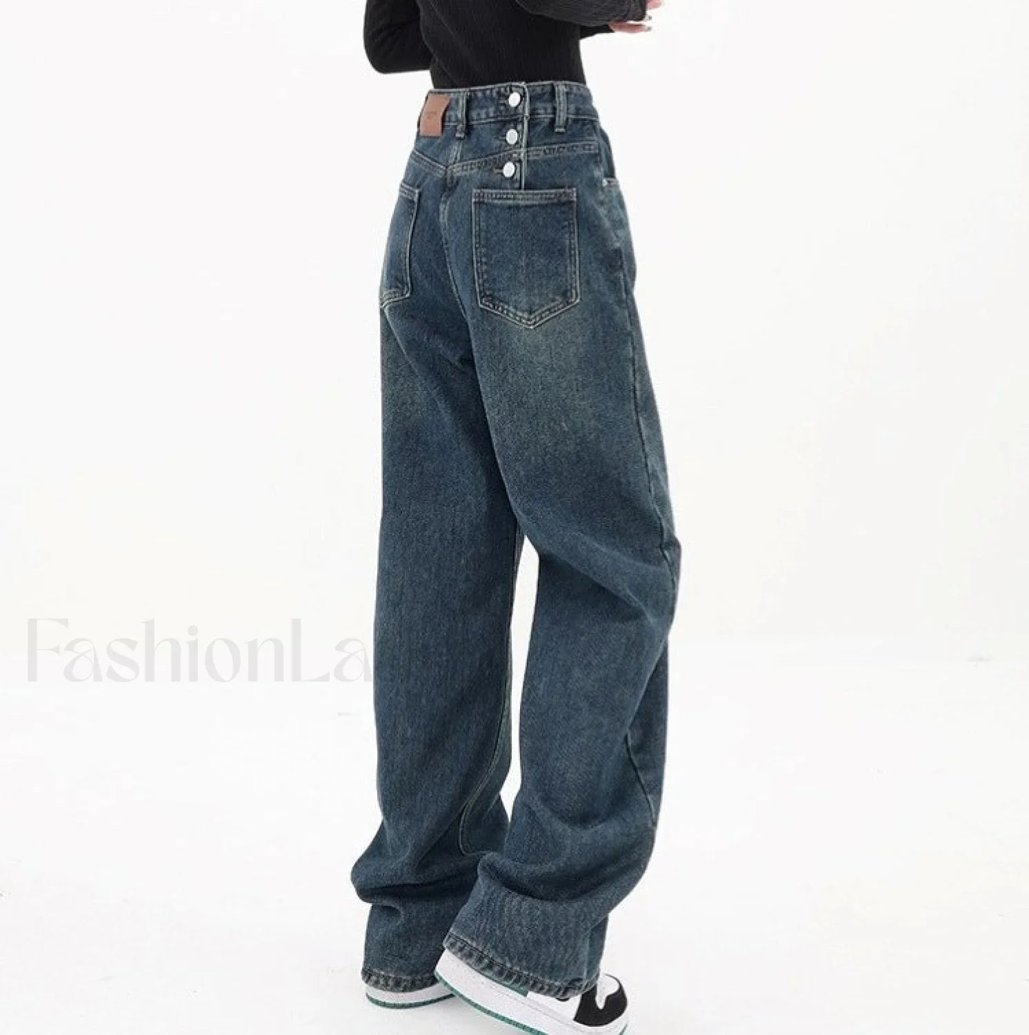 Three Button Baggy Trendy Wide Leg Boyfriend Jeans