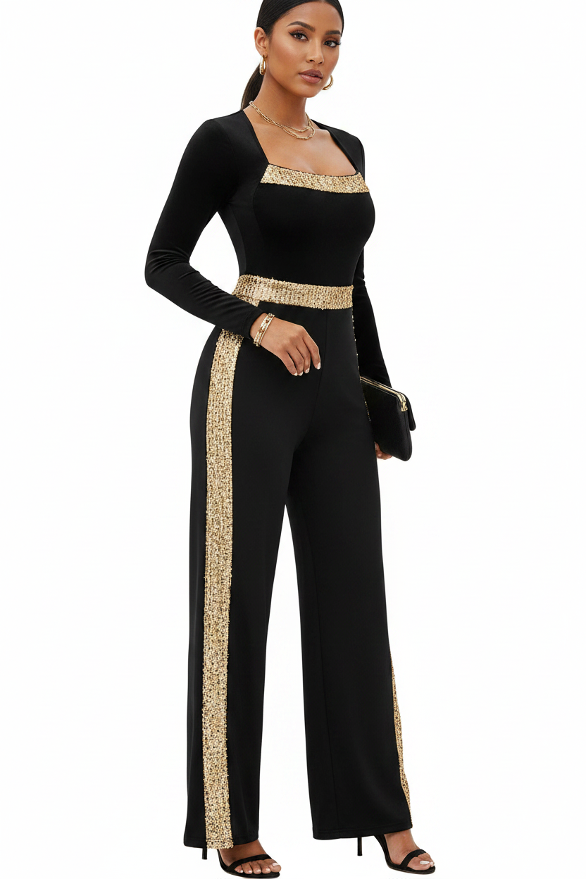 Elegant Gold Sequin Jumpsuit with Flattering Fit and Adjustable Straps