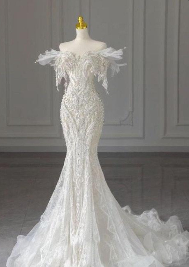 Mermaid Off The Shoulder White Lace Bridal Dress Wedding dress With Ruffles C3811