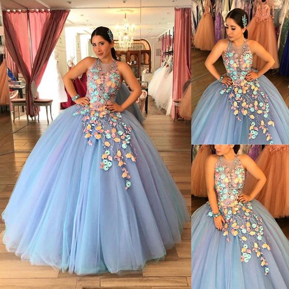 Unique Jewel Blue Long Quinceanera Dress, Ball Gown C768