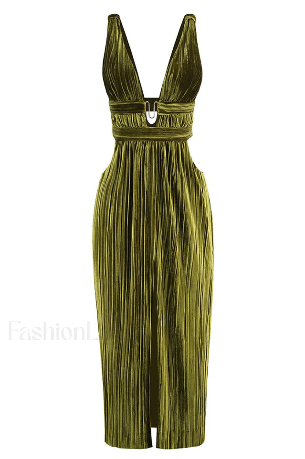 Thyme Velvet Stylish Slit Midi Dress XS / Olive