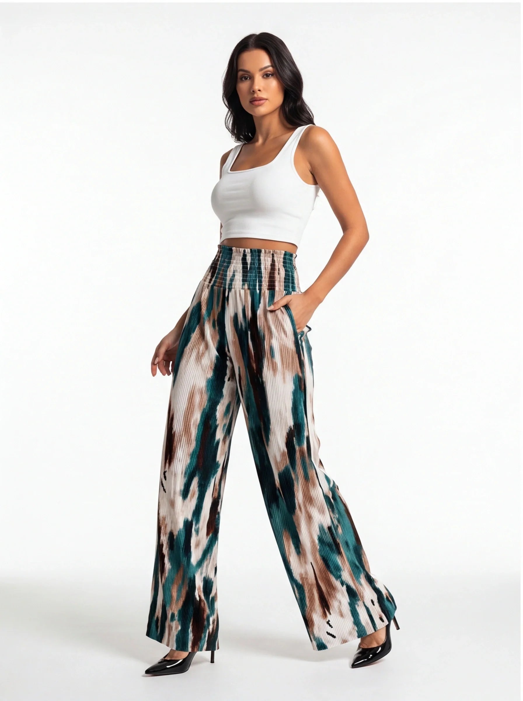 Tie Dye Wide Leg Pants Pleated Polyester