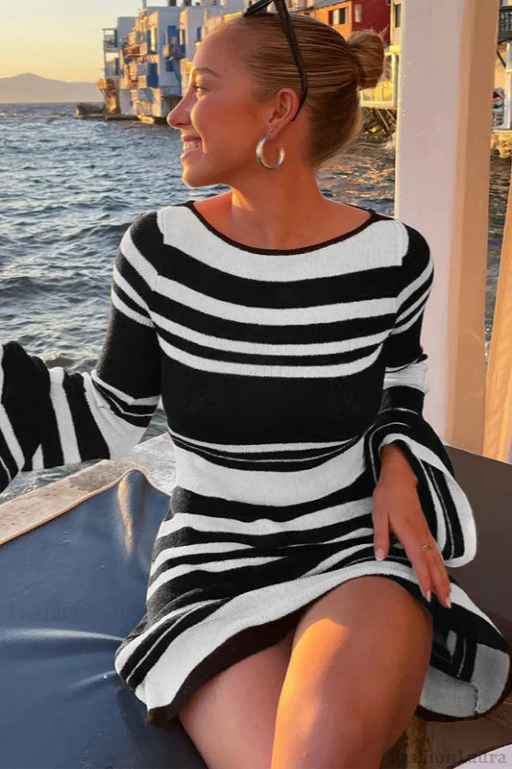 Tie Back Flare Sleeve Sweater Dress S / Black