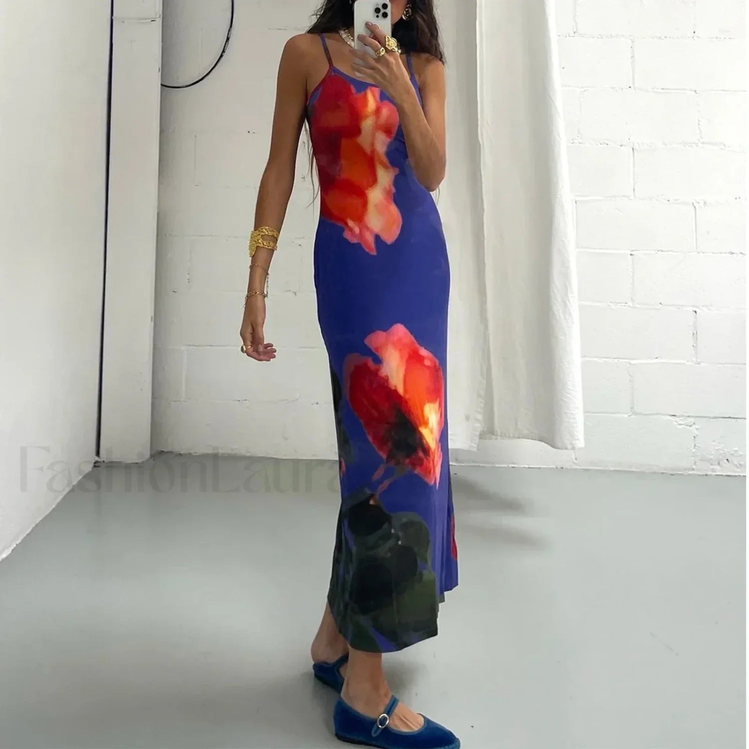 Tie Dye Floral Bodycon Maxi Dress Blue / S