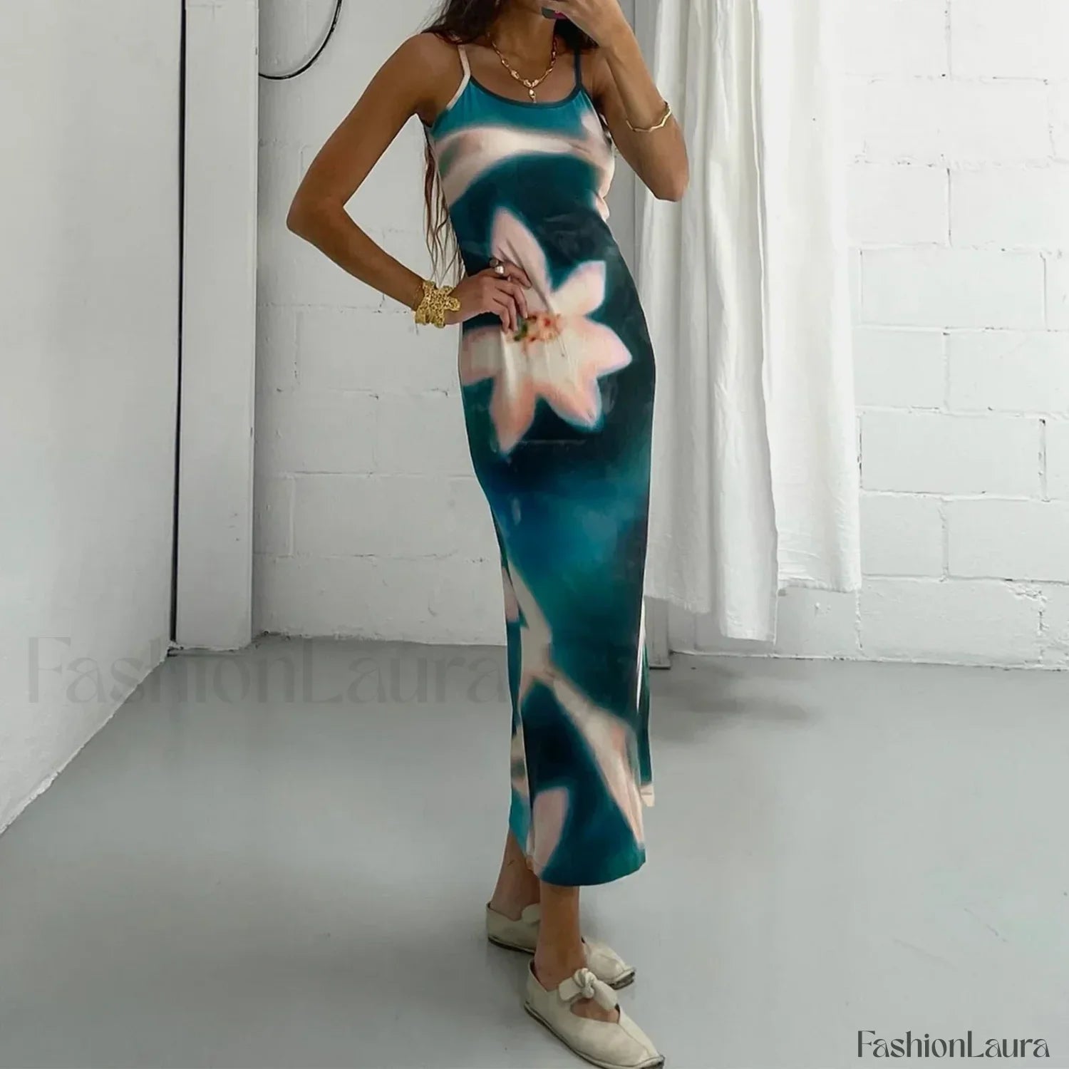 Tie Dye Floral Bodycon Maxi Dress