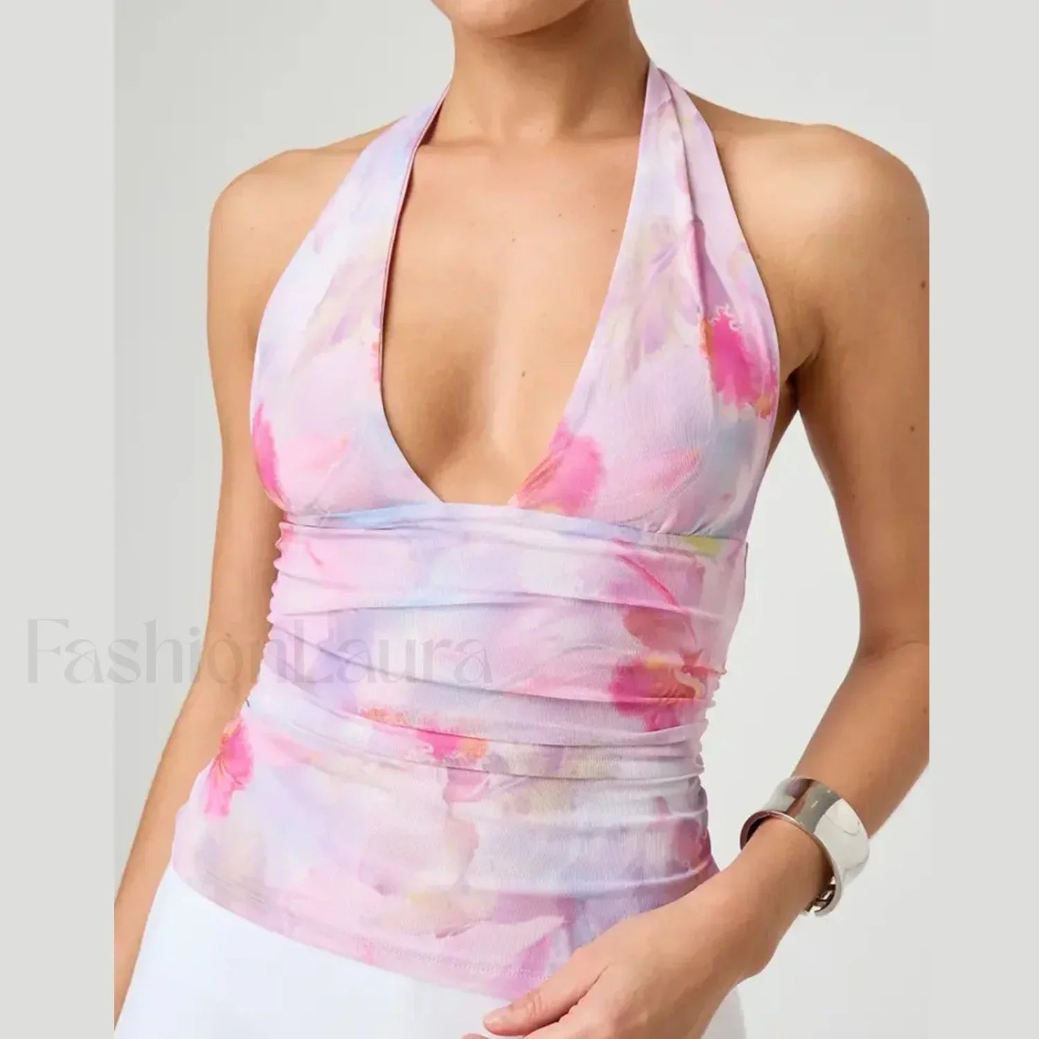 Tie Dye Halter Backless Crop Top Pink / S