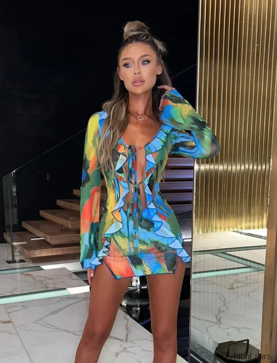 Tie-Dye Long Sleeve Slit Mini Dress