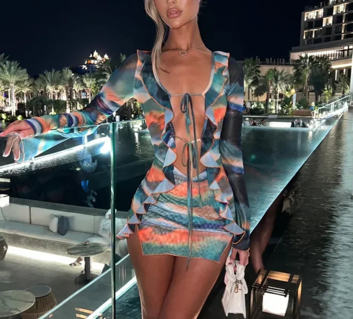 Tie-Dye Long Sleeve Slit Mini Dress