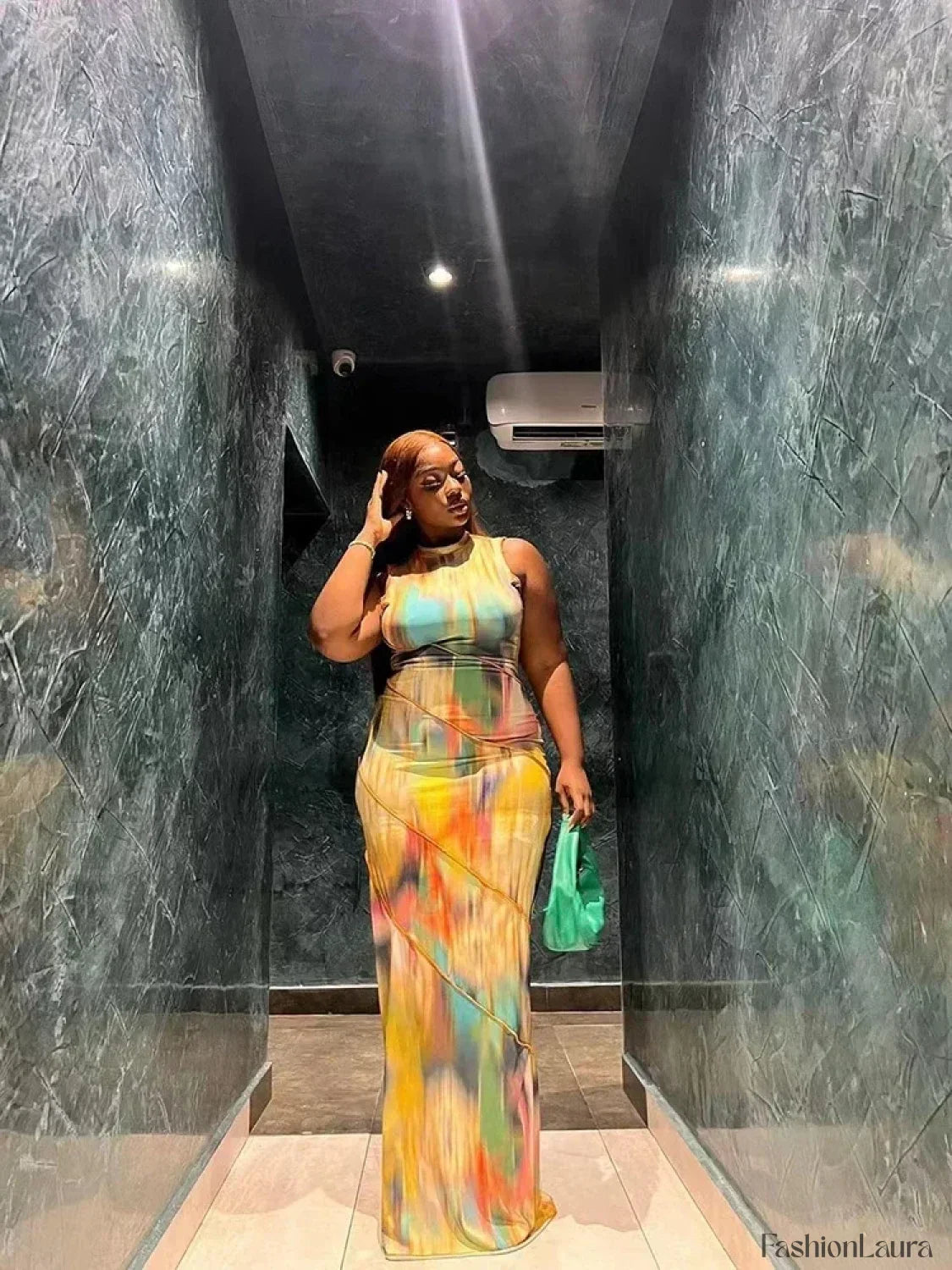 Tie-dye Patchwork O-neck Maxi Dress