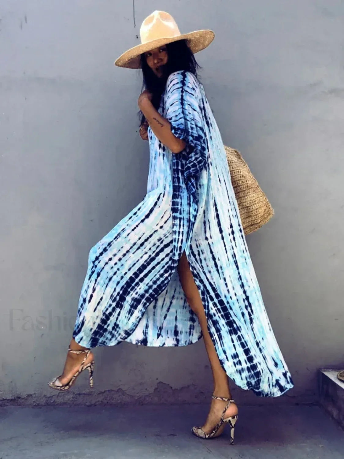 Tie Dye Printed Kaftan Cover Up Blue And White / One Size