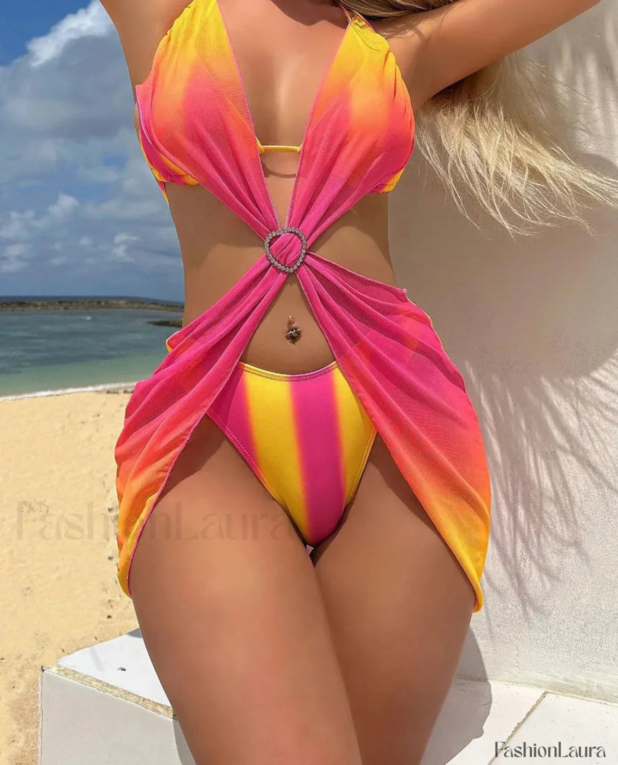 Tie-Dye Striped Dress Bikini Three Piece Set