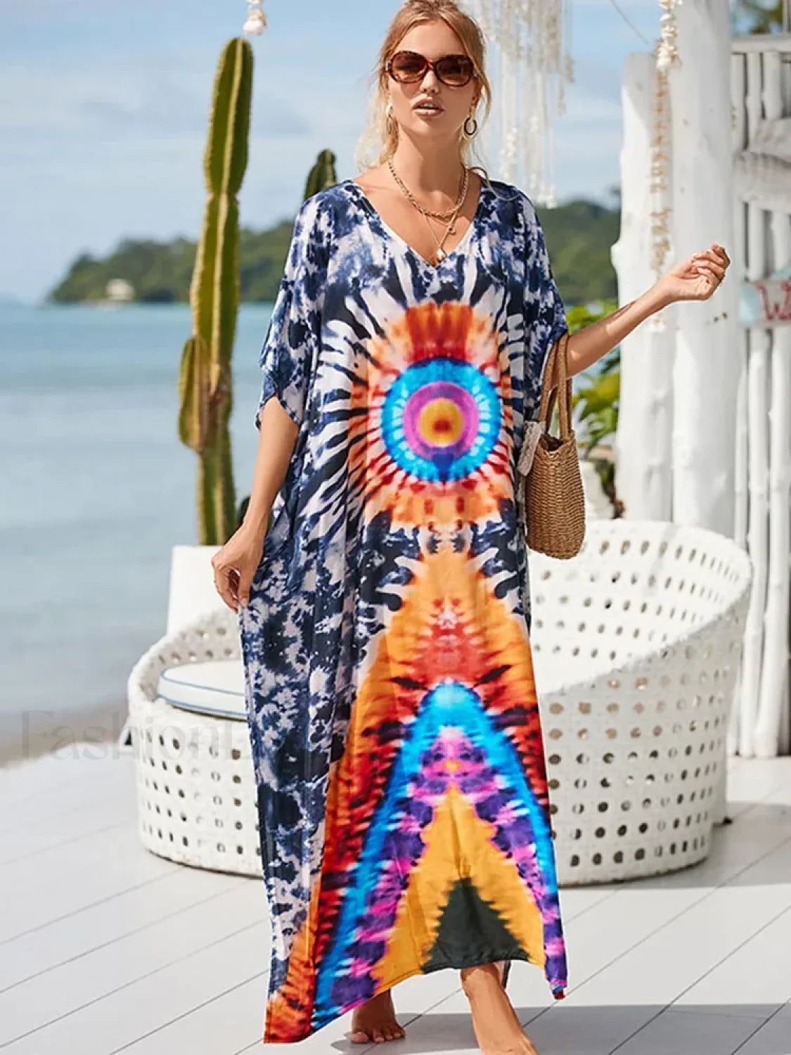 Tie Dye V Neck Plus Size Cover Up GREY / One Size