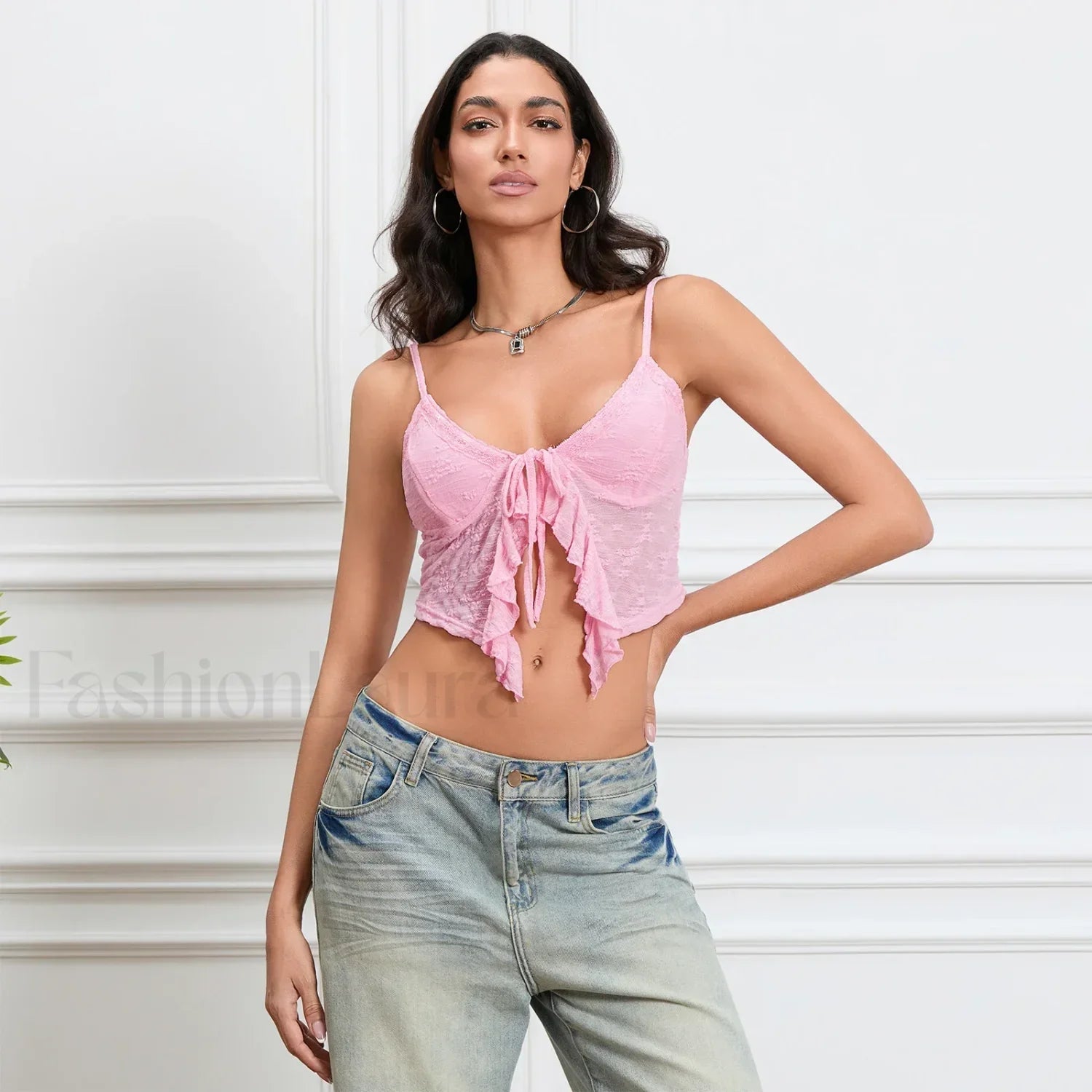 Tie-Front Lace Trim Crop Top