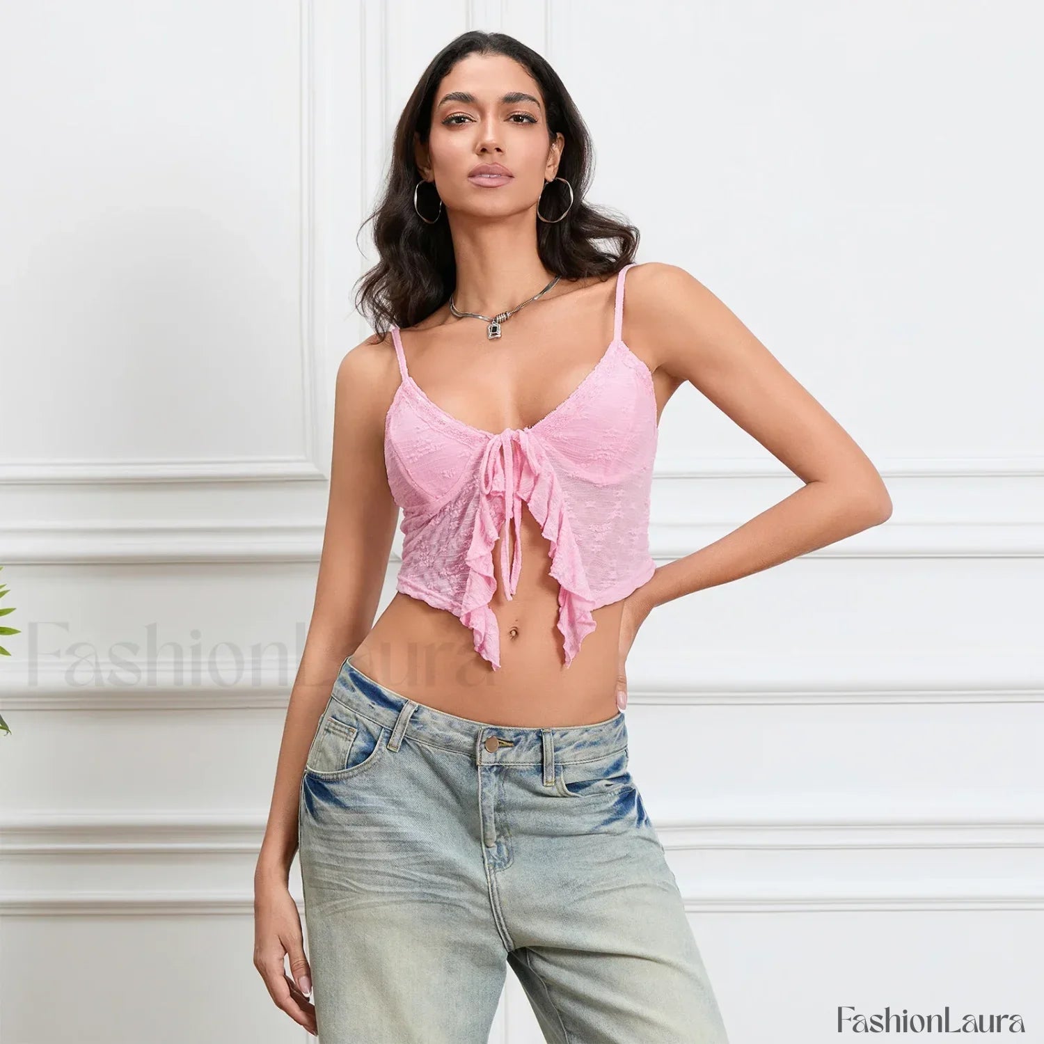 Tie-Front Lace Trim Crop Top