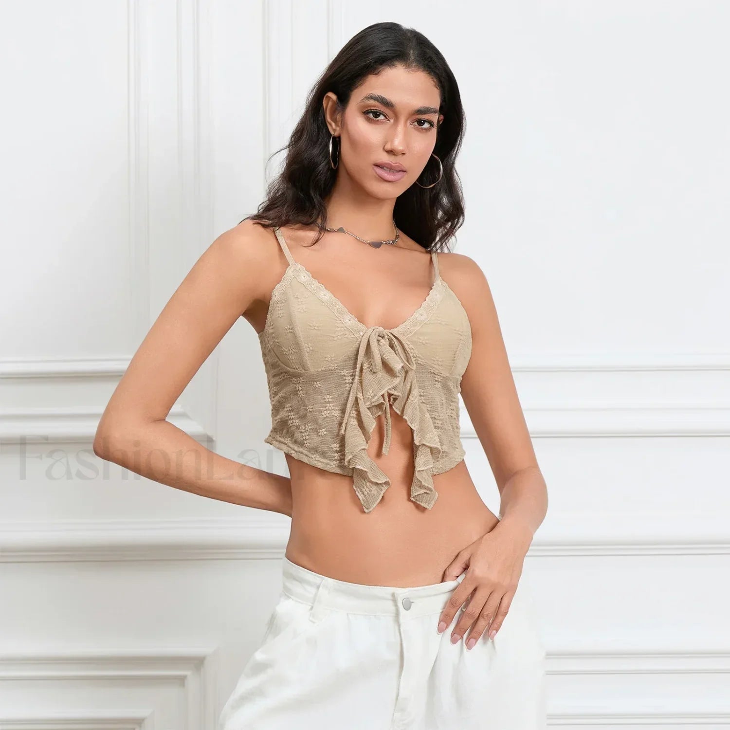 Tie-Front Lace Trim Crop Top