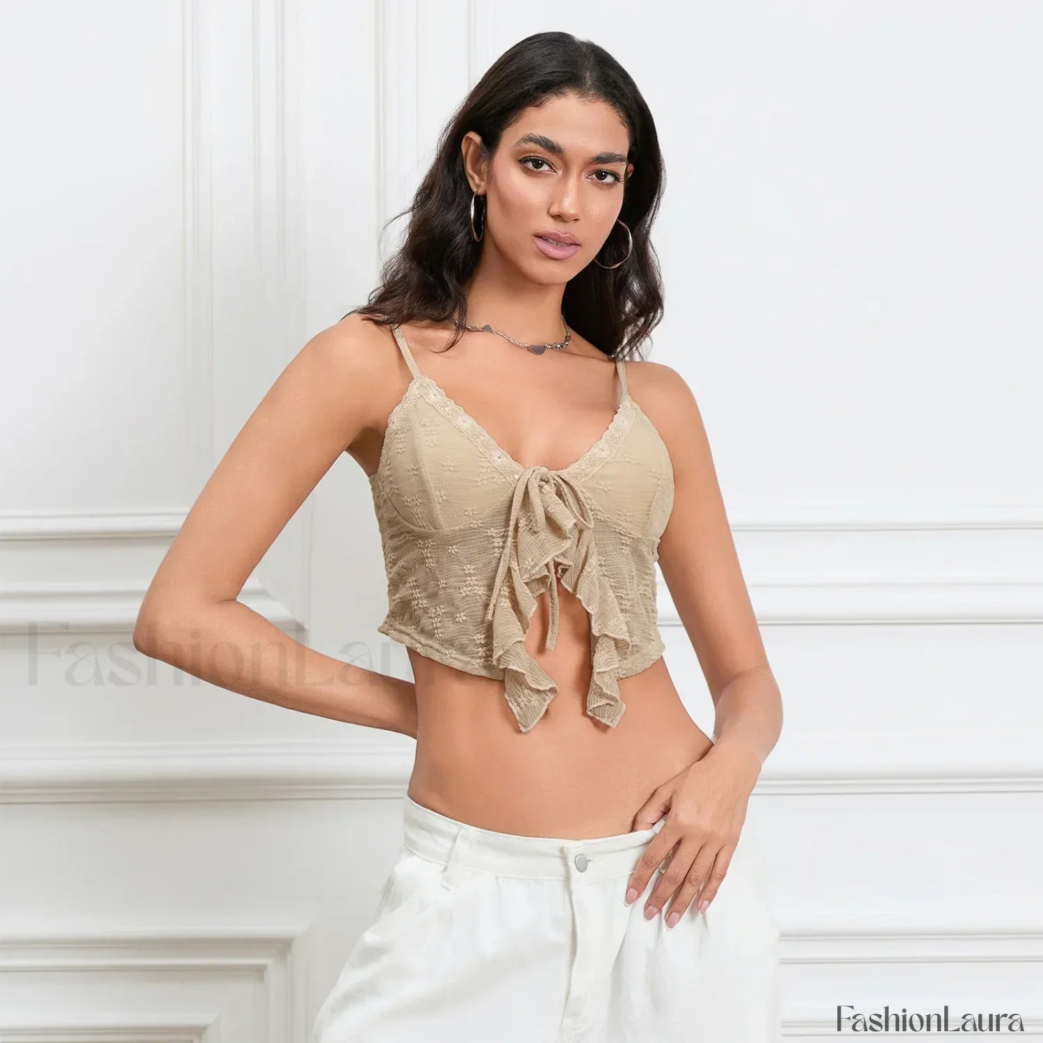 Tie-Front Lace Trim Crop Top
