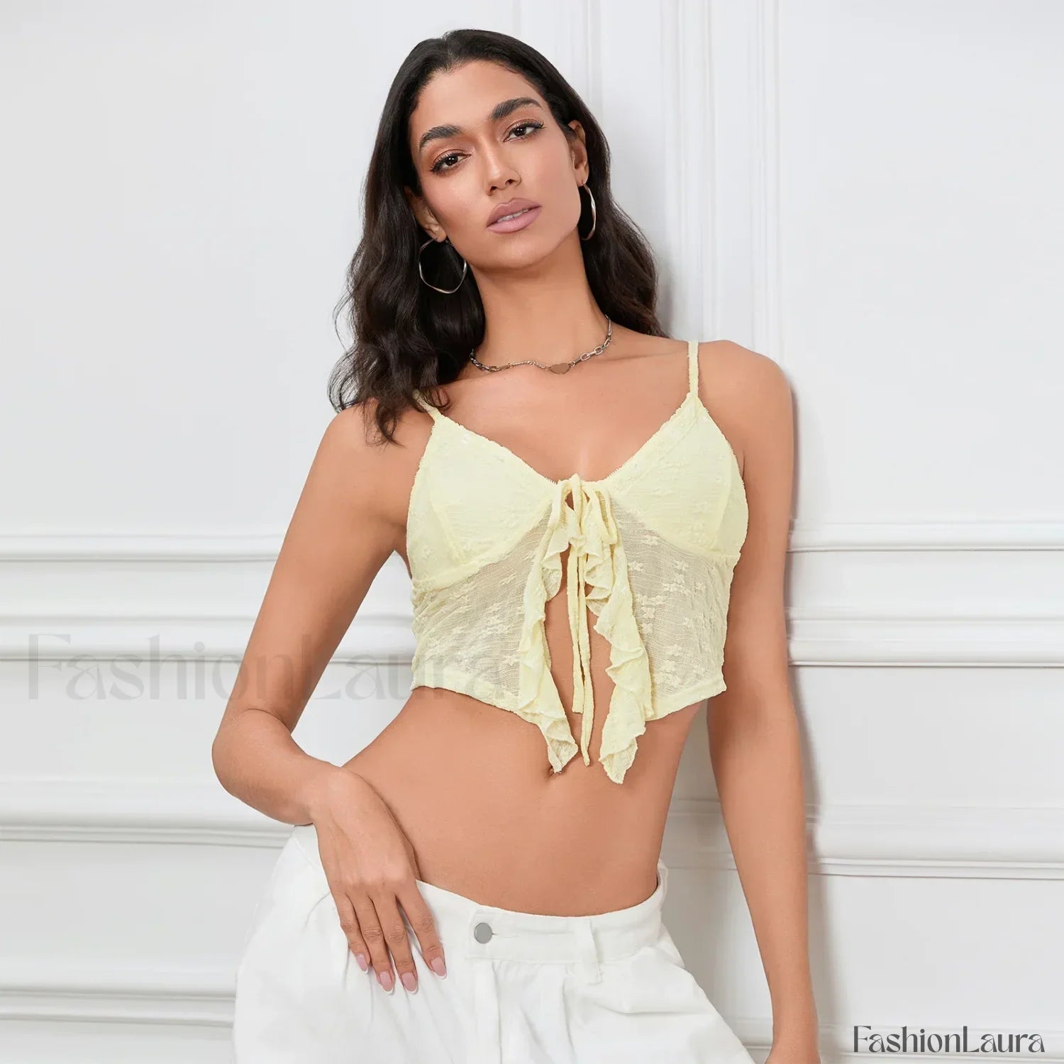 Tie-Front Lace Trim Crop Top