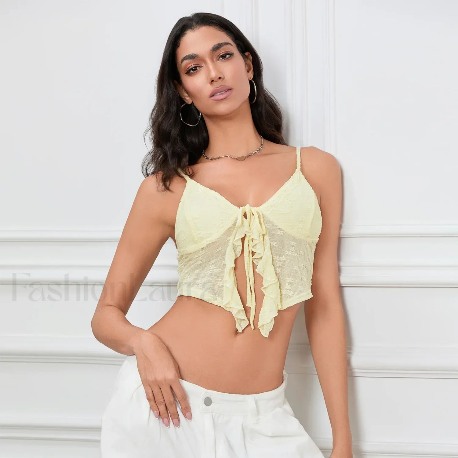 Tie-Front Lace Trim Crop Top