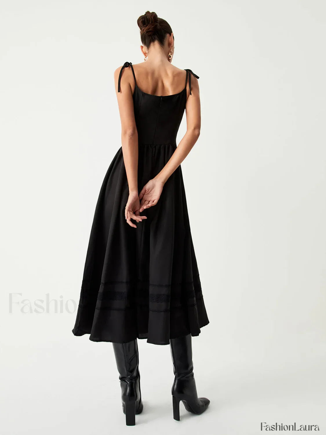 Tie Shoulder Graceful Pleated Midi Dress