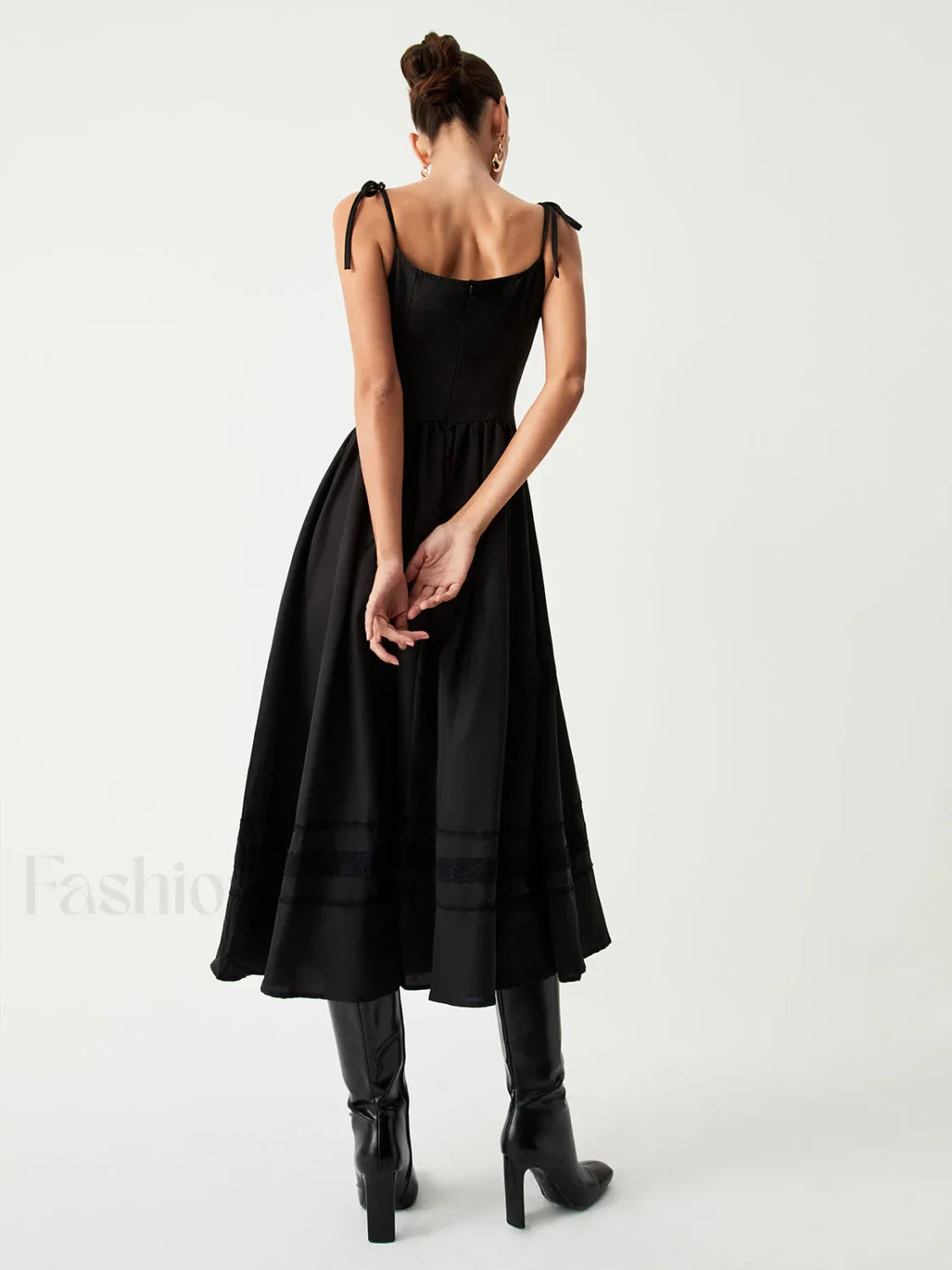 Tie Shoulder Graceful Pleated Midi Dress