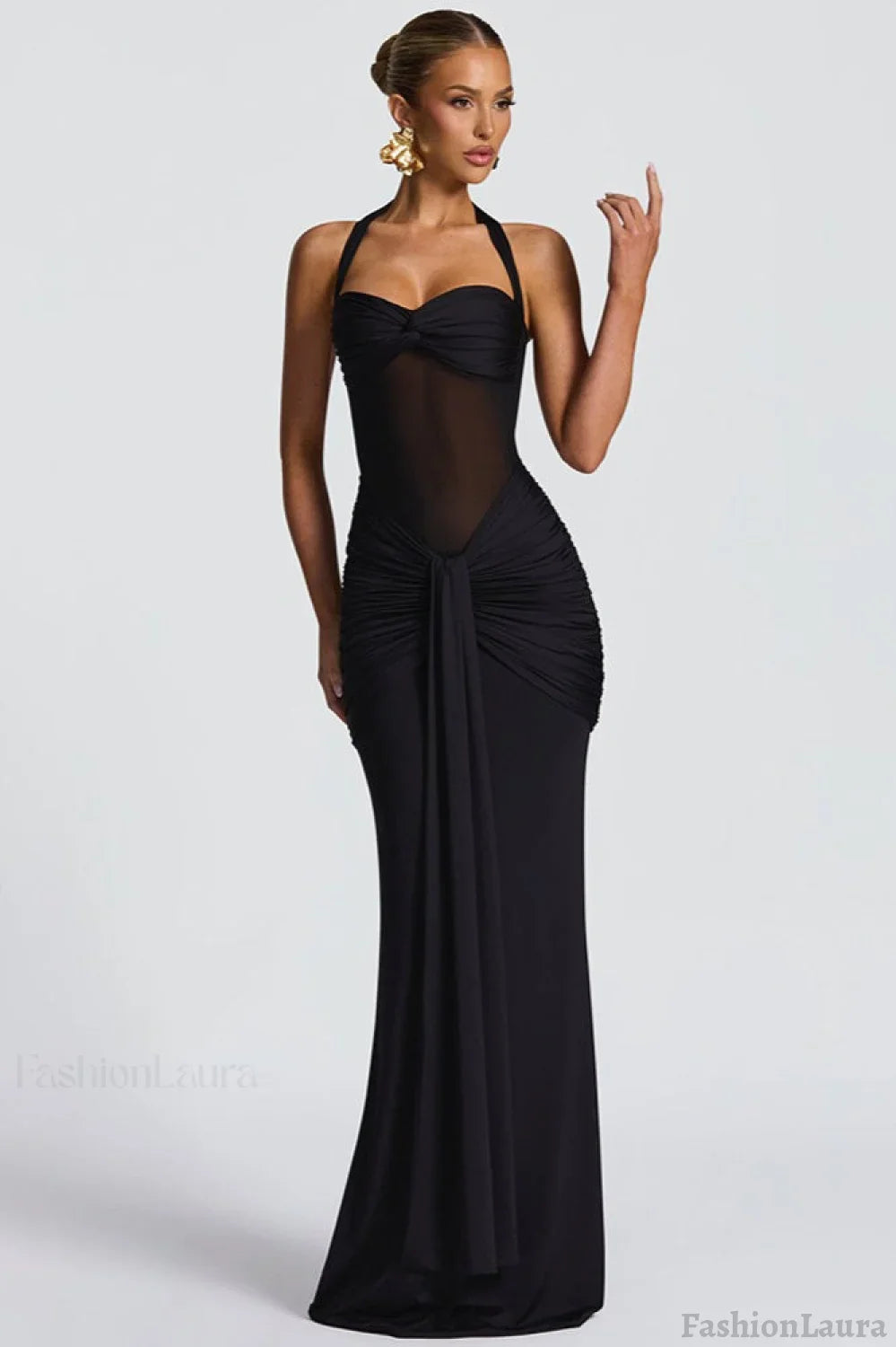 Tie Strap Mesh Maxi Party Dress XS / Black