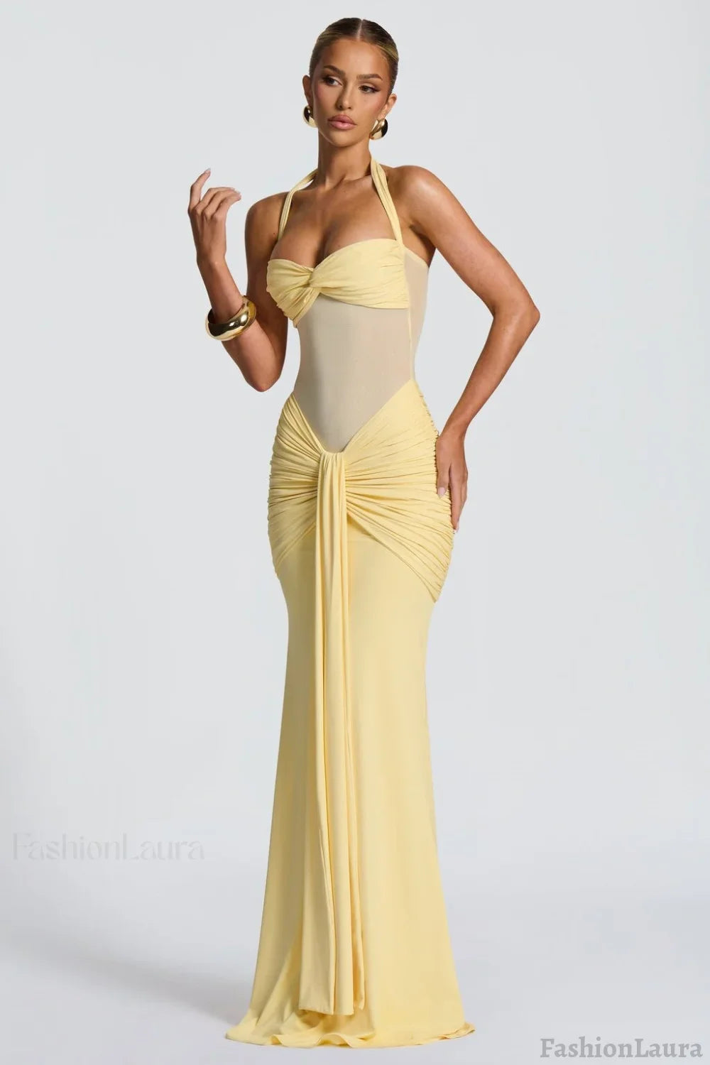 Tie Strap Mesh Maxi Party Dress XS / Yellow
