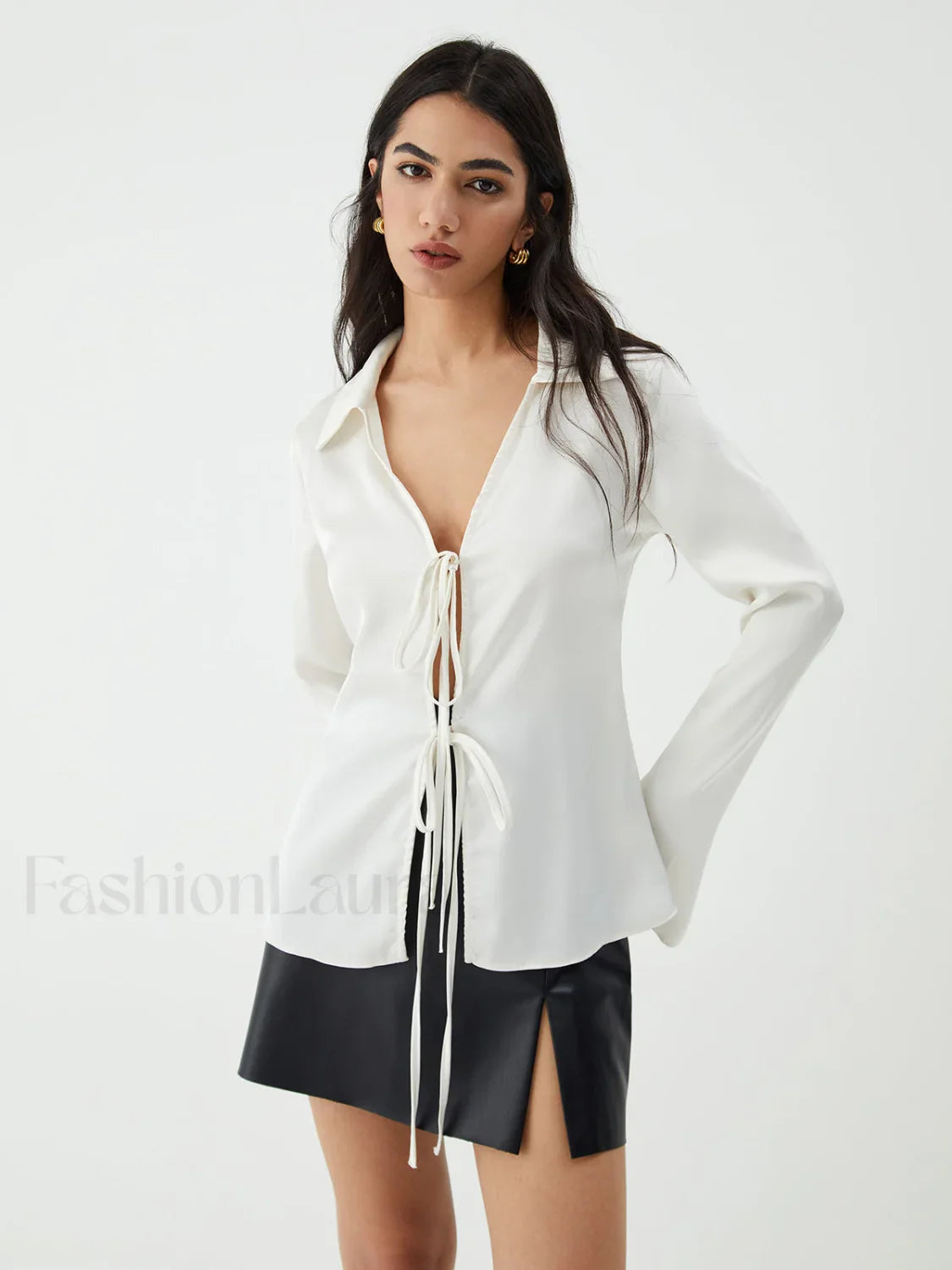 Tie Up V Neck Trendy Long Sleeve Blouse White / XS Blouses