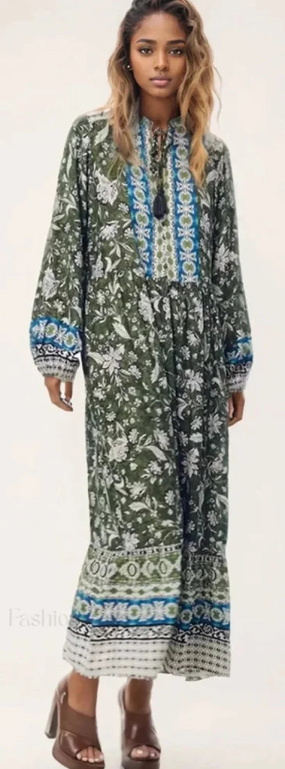 Tied-Collar Floral Boho Dress