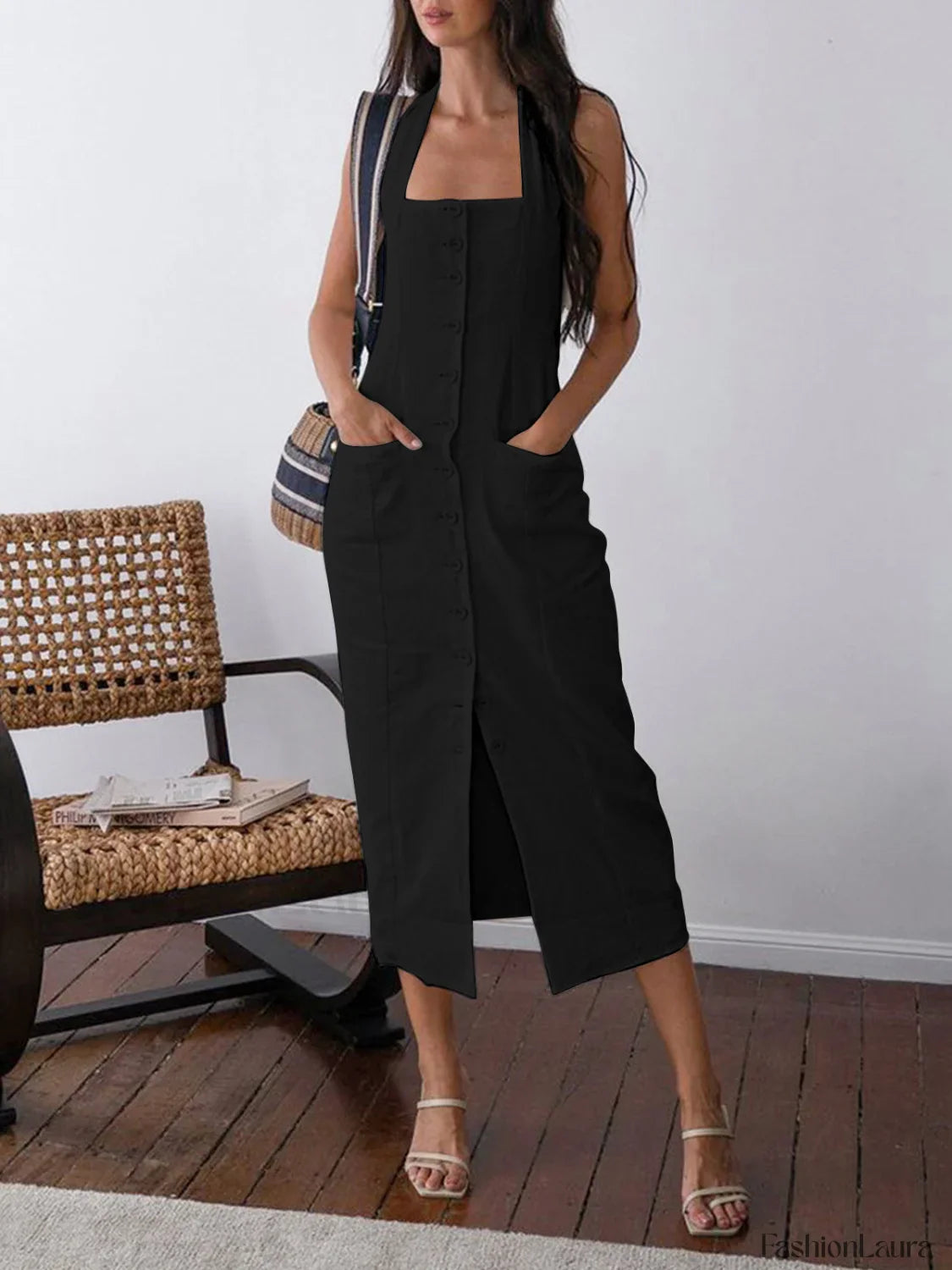 Tied Halter Open Back Modern Cotton Linen Midi Dress