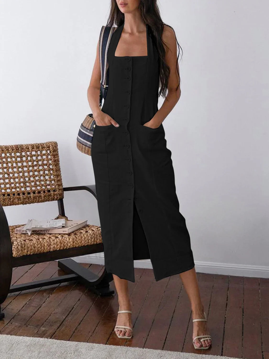 Tied Halter Open Back Modern Cotton Linen Midi Dress