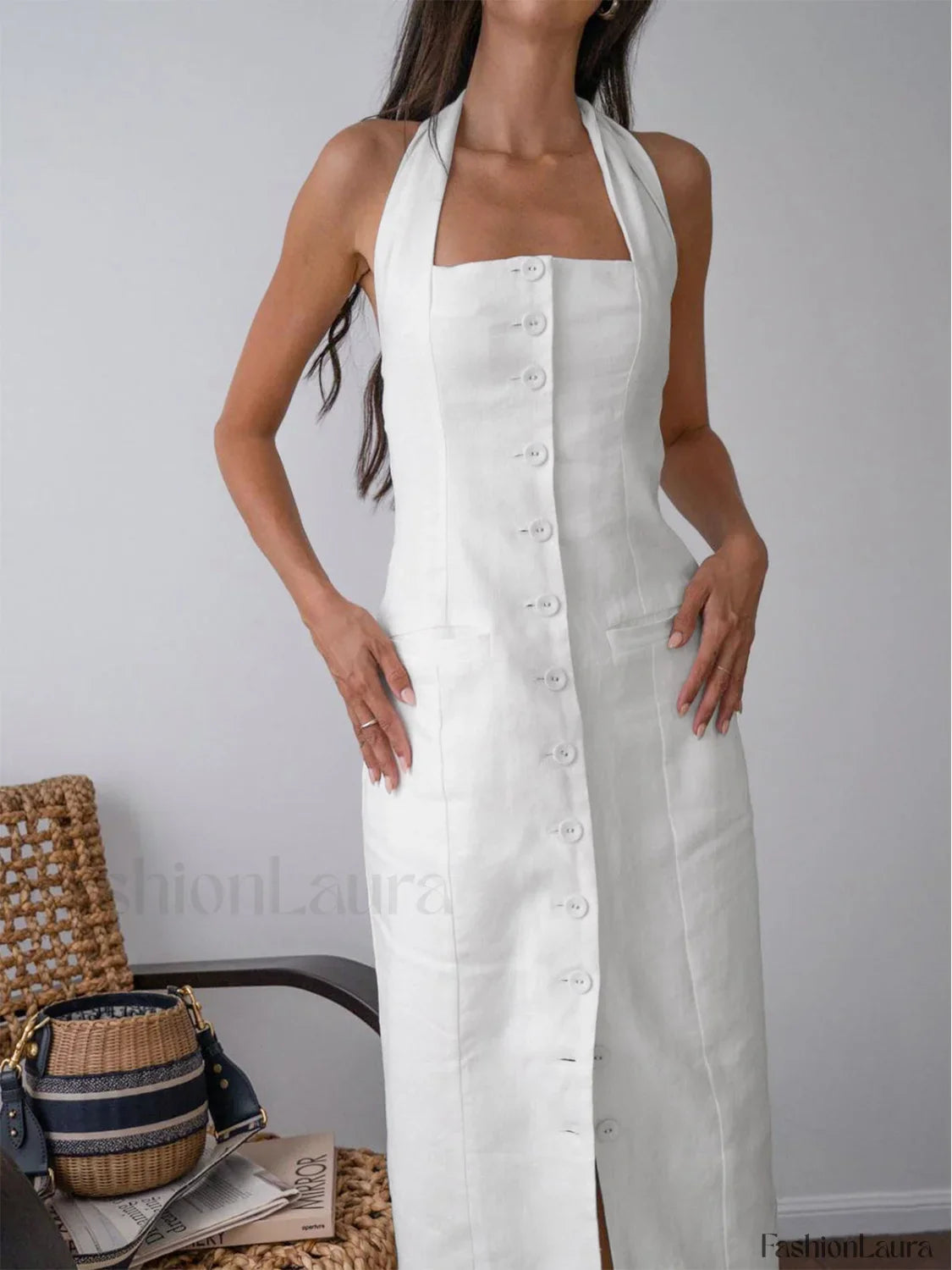 Tied Halter Open Back Modern Cotton Linen Midi Dress