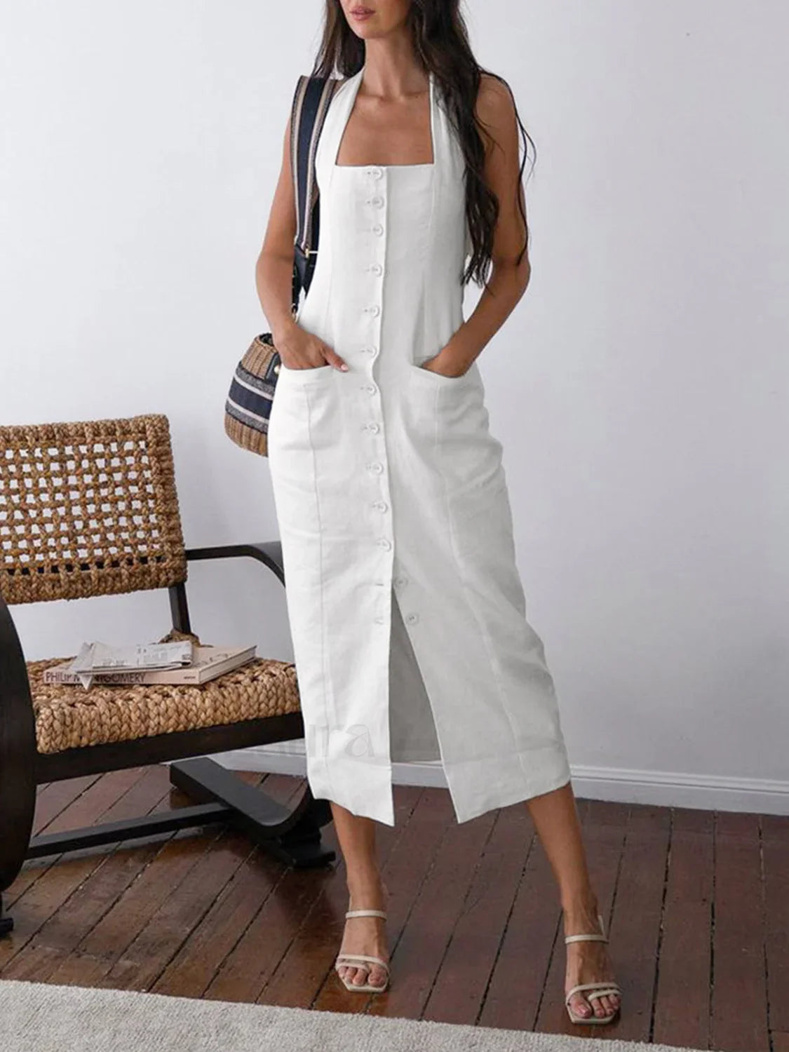 Tied Halter Open Back Modern Cotton Linen Midi Dress