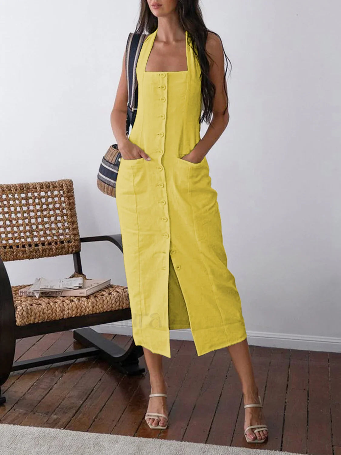 Tied Halter Open Back Modern Cotton Linen Midi Dress Yellow / XS Dresses