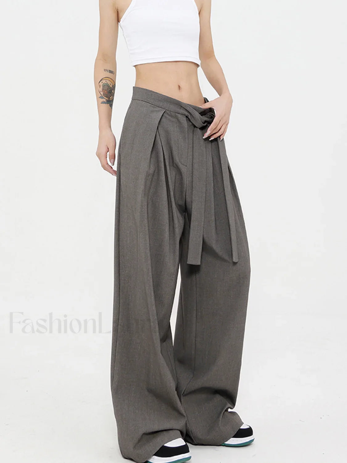 Tied Pleated Full Length Modern Wide Leg Dress Pants