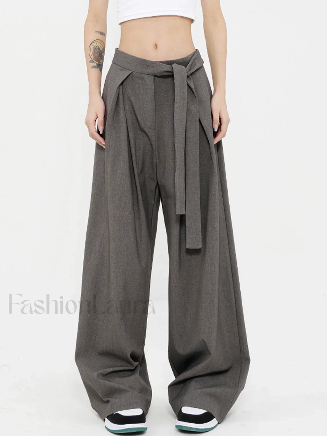 Tied Pleated Full Length Modern Wide Leg Dress Pants