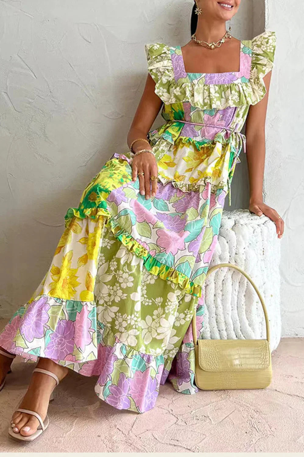 Tiered Patchwork Stylish Midi Dress
