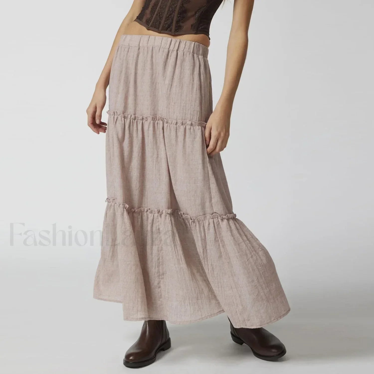 Tiered Pleated Swing Maxi Skirt Khaki / S