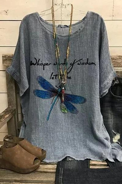 Dragonfly Print Slogan Round Neck Short Sleeve Linen Tee