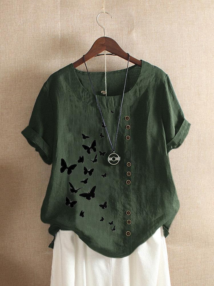 Butterfly Print Round Neck Short Sleeve Button Trim Linen Look Top