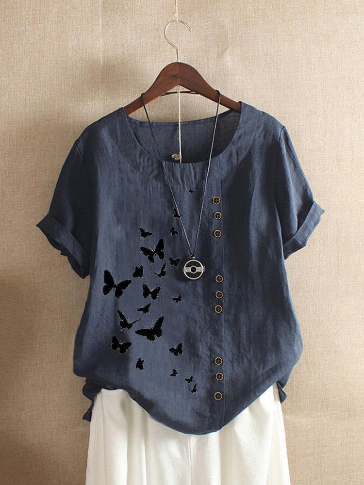 Butterfly Print Round Neck Short Sleeve Button Trim Linen Look Top