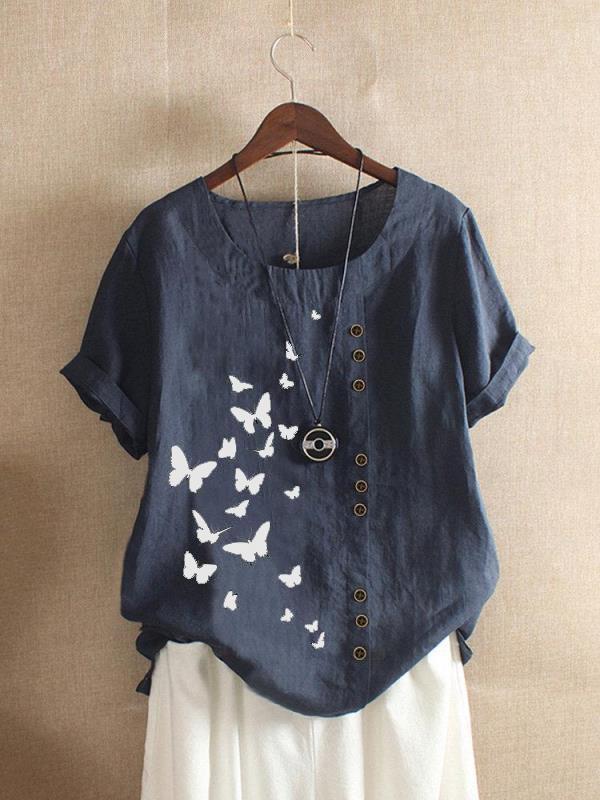 Butterfly Print Round Neck Short Sleeve Button Trim Linen Look Top