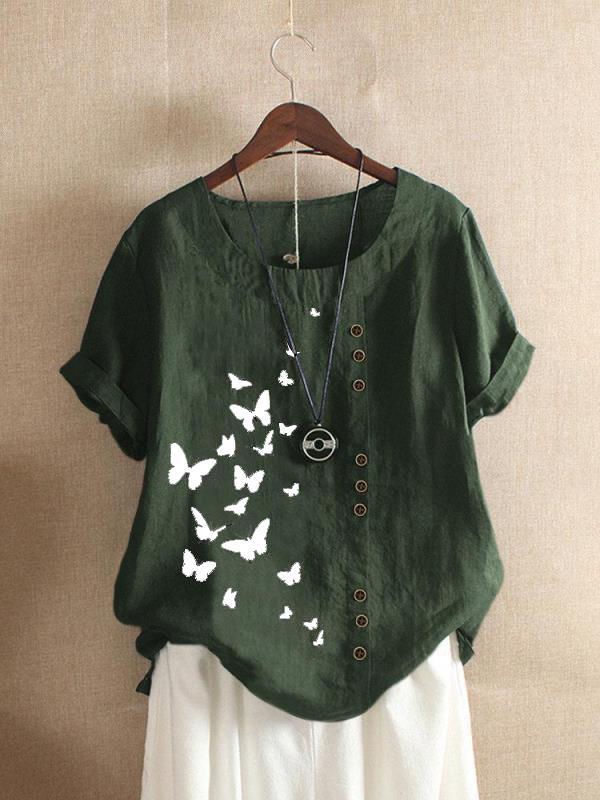 Butterfly Print Round Neck Short Sleeve Button Trim Linen Look Top